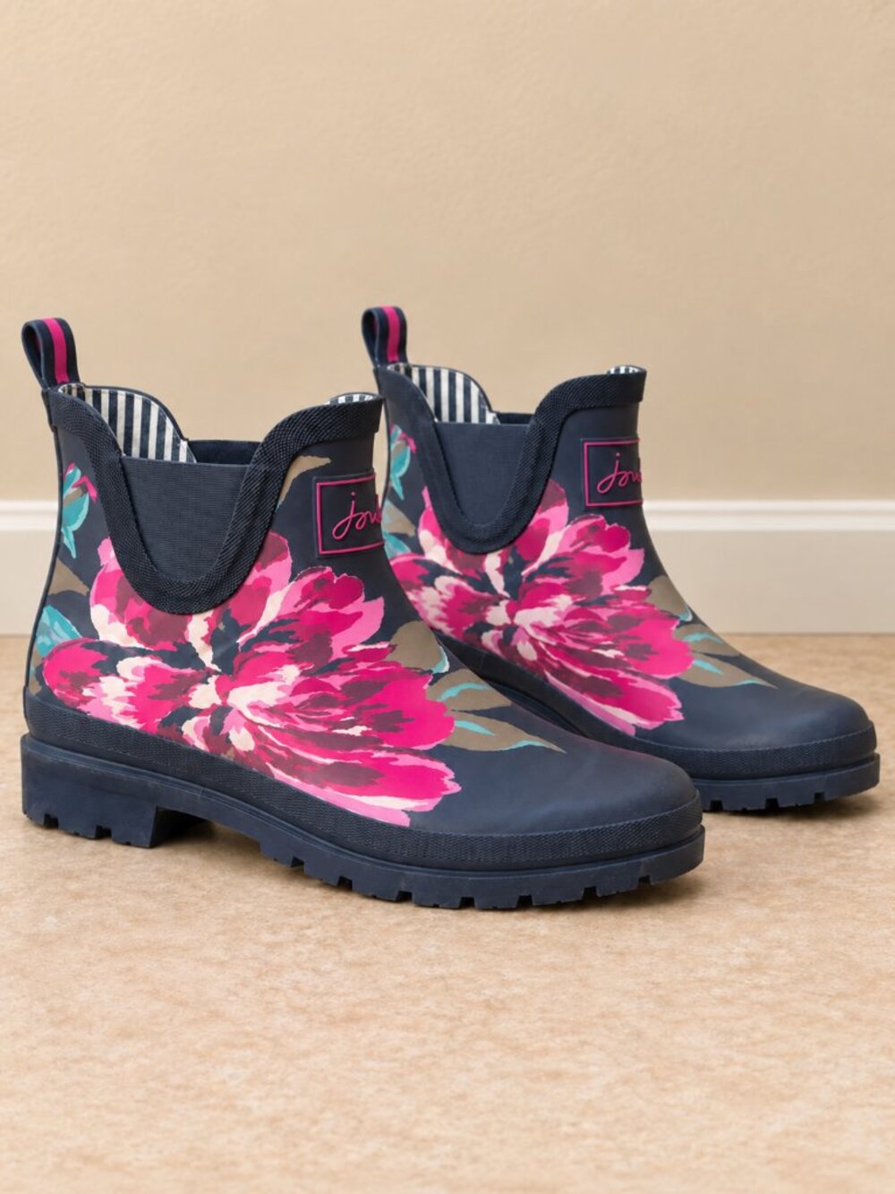 Joules Floral Print Navy Blue Rubber Ankle Rain Boots 8 Chelsea Short Wellies